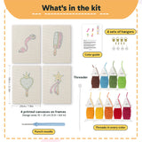 What is in the Dress Up Favorites set, 8 × 12 in (20 × 30 cm) each: 4 printed canvases, punch needle, threader, threads, color guide and 4 sets of hangers