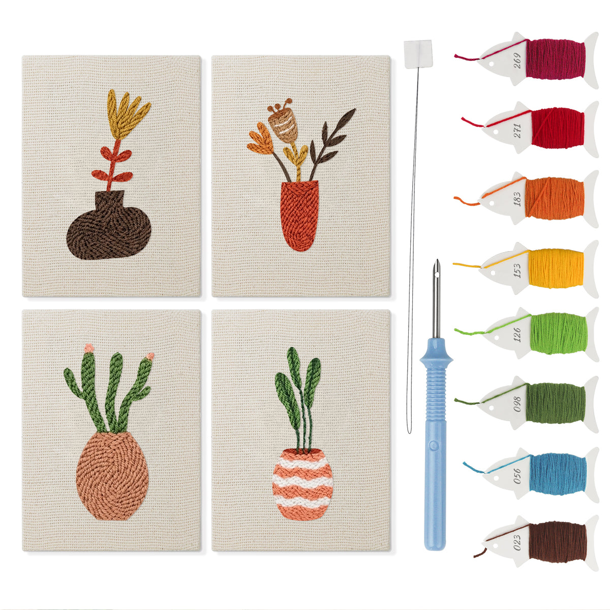 Dried Stem Vases mini punch needle kit set: four finished canvases with threads, punch needle and threader