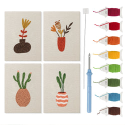 Dried Stem Vases mini punch needle kit set: four finished canvases with threads, punch needle and threader