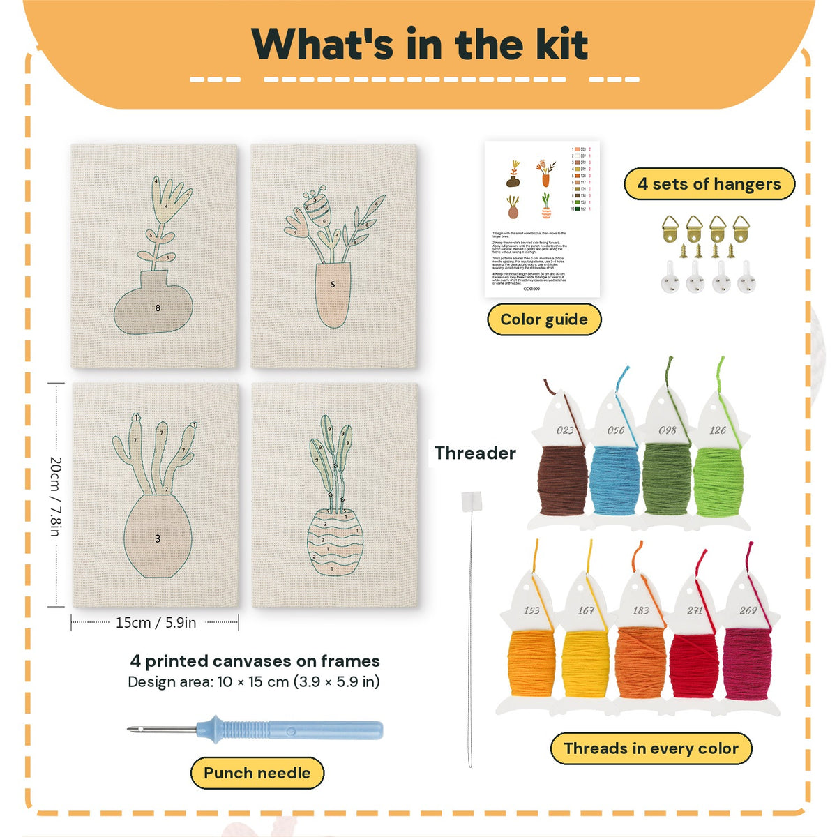 What is in the Dried Stem Vases set: 4 printed canvases, punch needle, threader, threads, color guide and 4 sets of hangers (6 × 8 in (15 × 20 cm) each)