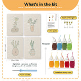 What is in the Dried Stem Vases set: 4 printed canvases, punch needle, threader, threads, color guide and 4 sets of hangers (6 × 8 in (15 × 20 cm) each)