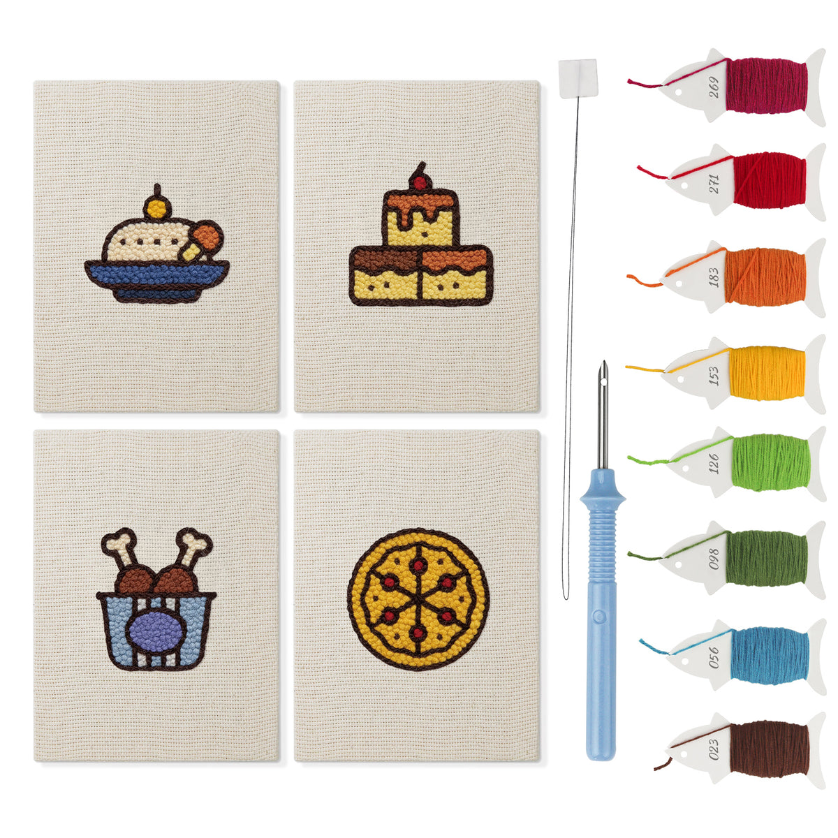 Drumstick Dinner mini punch needle kit set: four finished canvases with threads, punch needle and threader