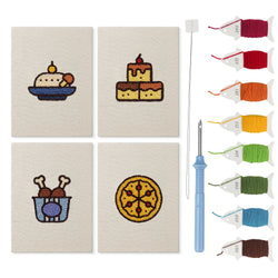 Drumstick Dinner mini punch needle kit set: four finished canvases with threads, punch needle and threader