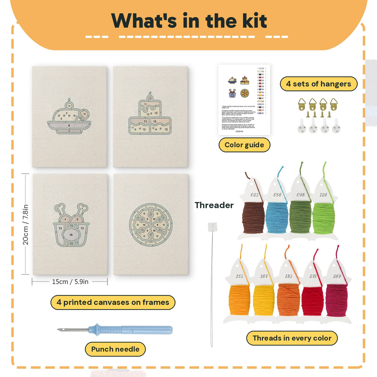 What is in the Drumstick Dinner set: 4 printed canvases, punch needle, threader, threads, color guide and 4 sets of hangers (6 × 8 in (15 × 20 cm) each)