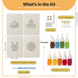 What is in the Drumstick Dinner set: 4 printed canvases, punch needle, threader, threads, color guide and 4 sets of hangers (6 × 8 in (15 × 20 cm) each)