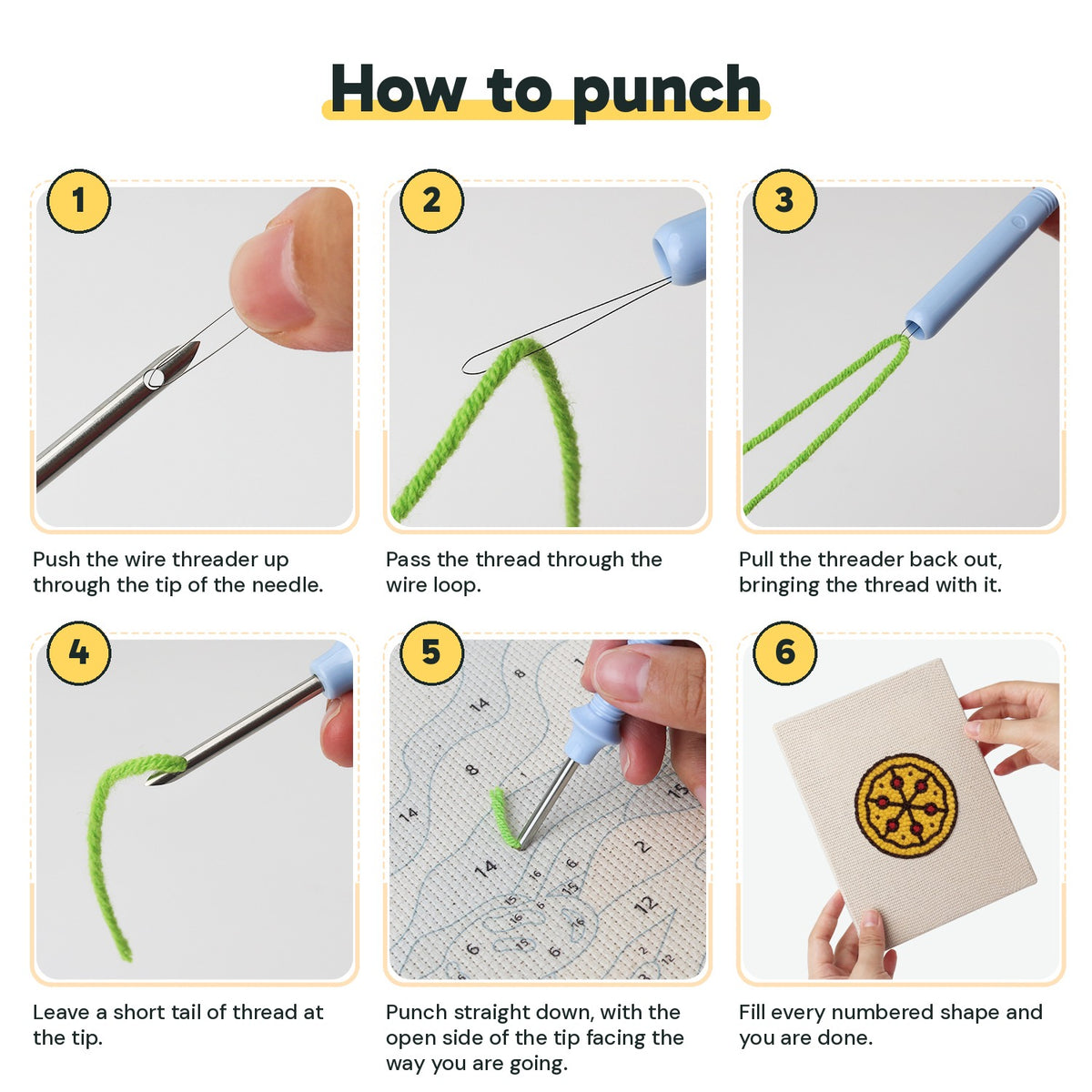 Six steps showing how to thread and use the punch needle