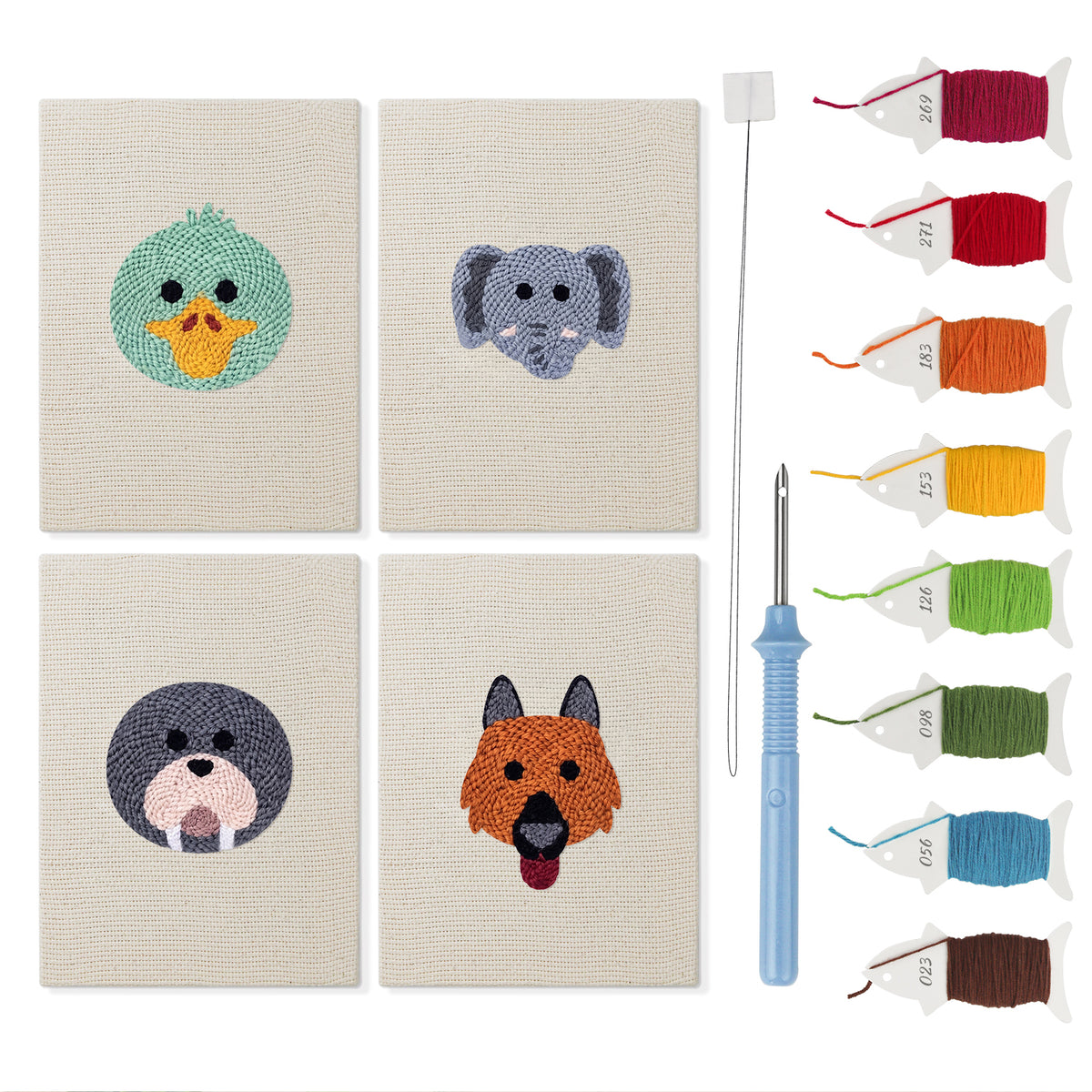 Duck and Walrus mini punch needle kit set: four finished canvases with threads, punch needle and threader