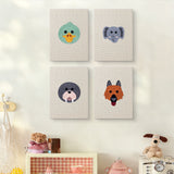 The four Duck and Walrus mini canvases on a wall above a shelf