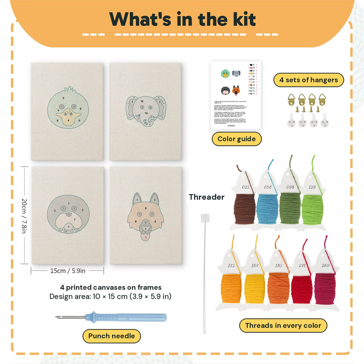 What is in the Duck and Walrus set: 4 printed canvases, punch needle, threader, threads, color guide and 4 sets of hangers (6 × 8 in (15 × 20 cm) each)
