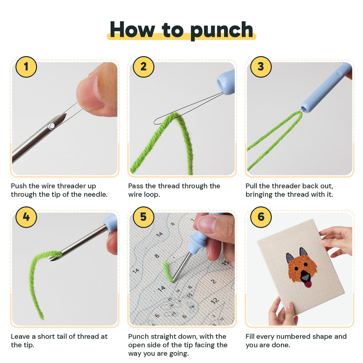 Six steps showing how to thread and use the punch needle
