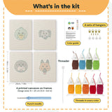 What is in the Duck and Walrus set, 8 × 12 in (20 × 30 cm) each: 4 printed canvases, punch needle, threader, threads, color guide and 4 sets of hangers