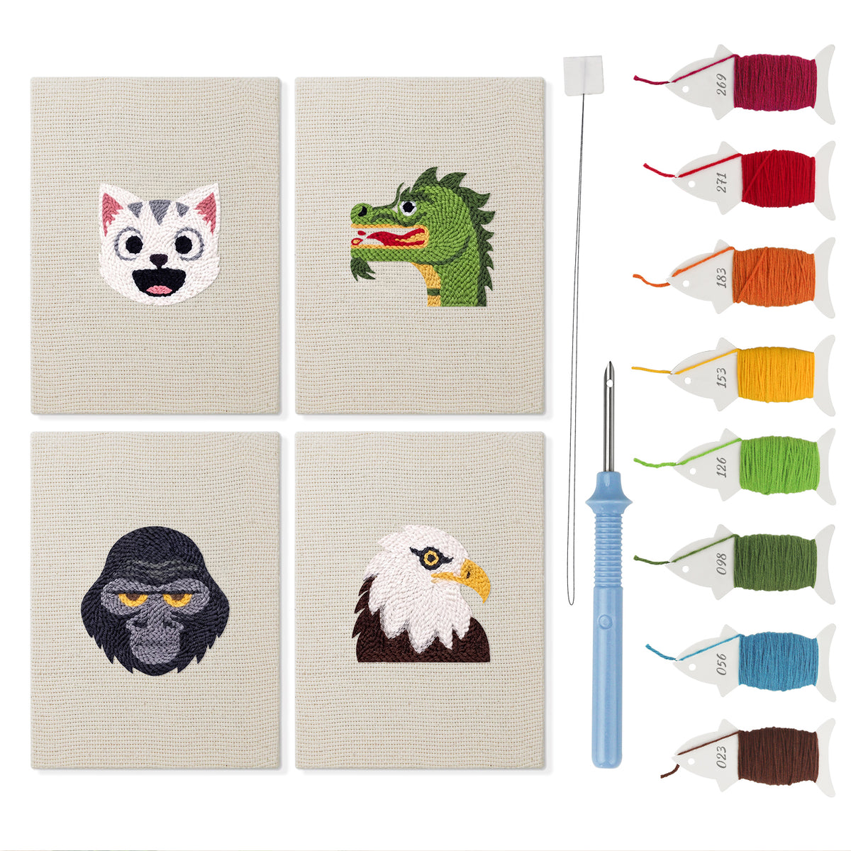 Eagle and Gorilla mini punch needle kit set: four finished canvases with threads, punch needle and threader