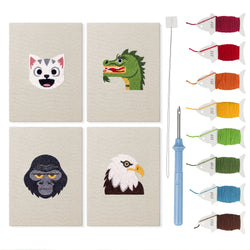 Eagle and Gorilla mini punch needle kit set: four finished canvases with threads, punch needle and threader