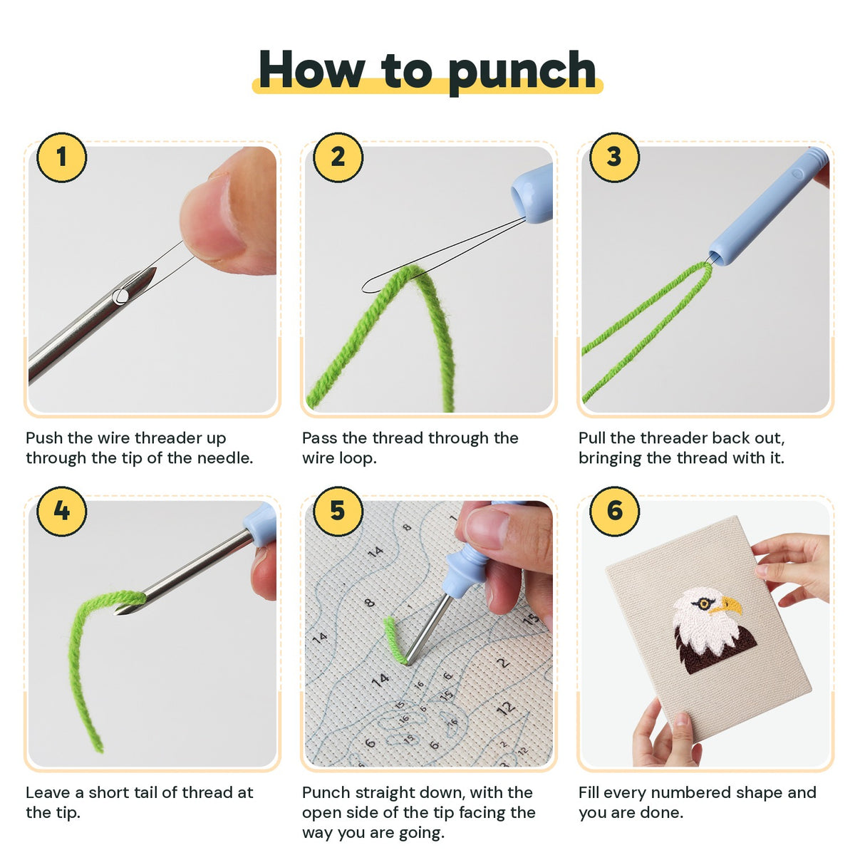 Six steps showing how to thread and use the punch needle