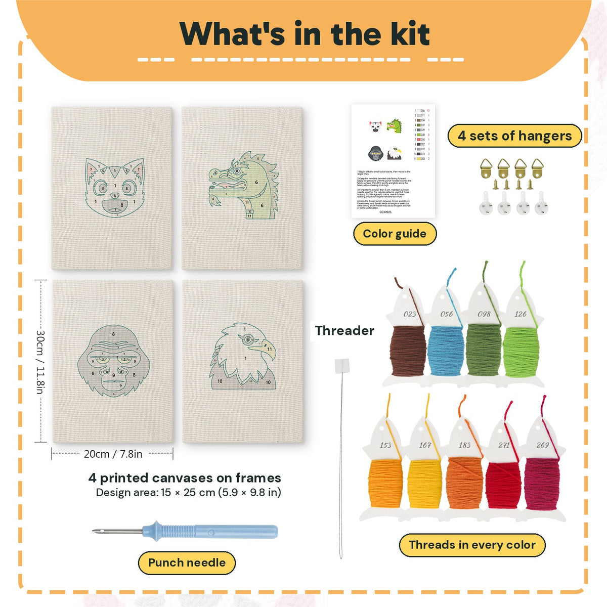 What is in the Eagle and Gorilla set, 8 × 12 in (20 × 30 cm) each: 4 printed canvases, punch needle, threader, threads, color guide and 4 sets of hangers