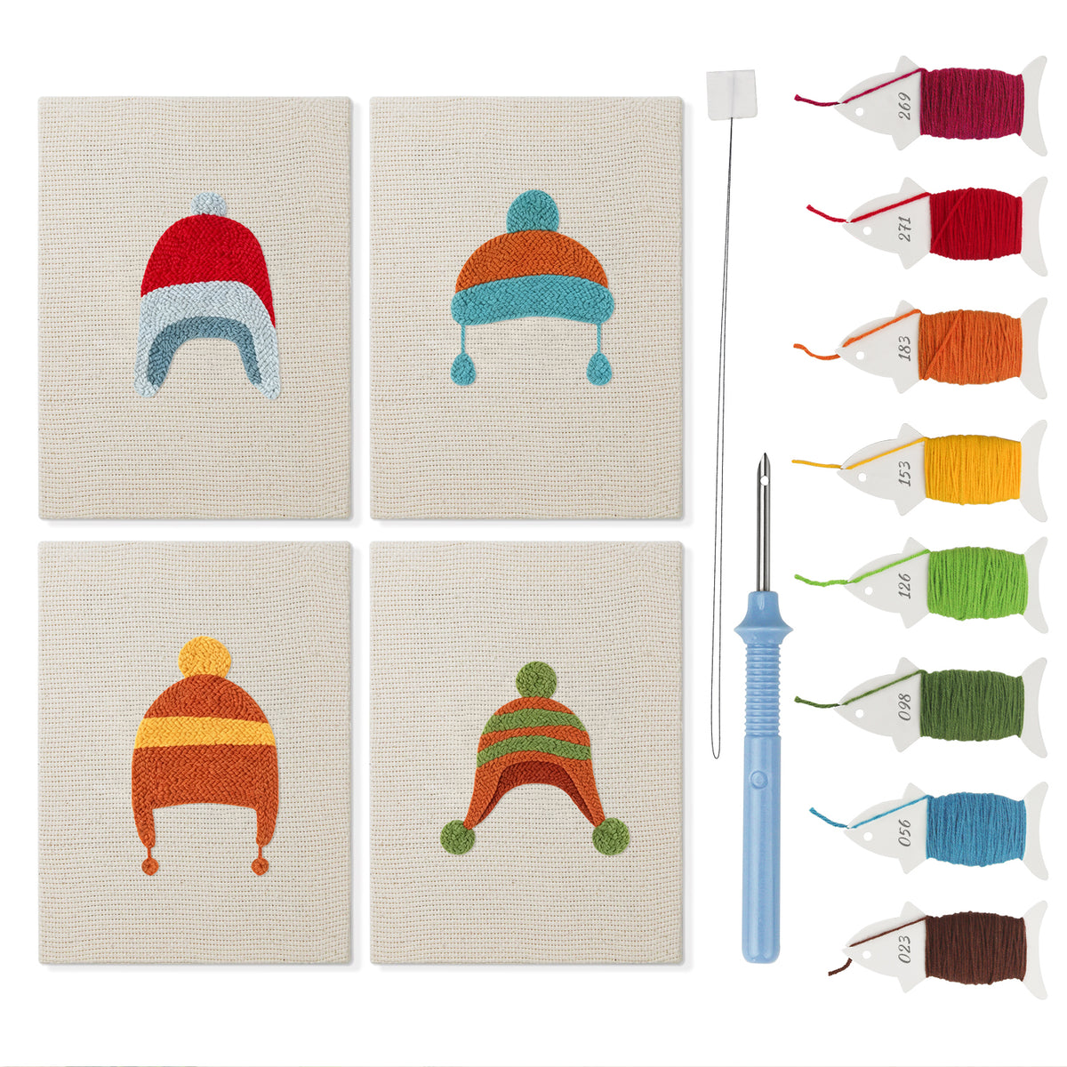 Earflap Winter Hats mini punch needle kit set: four finished canvases with threads, punch needle and threader