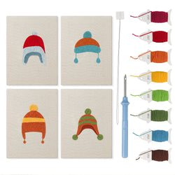 Earflap Winter Hats mini punch needle kit set: four finished canvases with threads, punch needle and threader