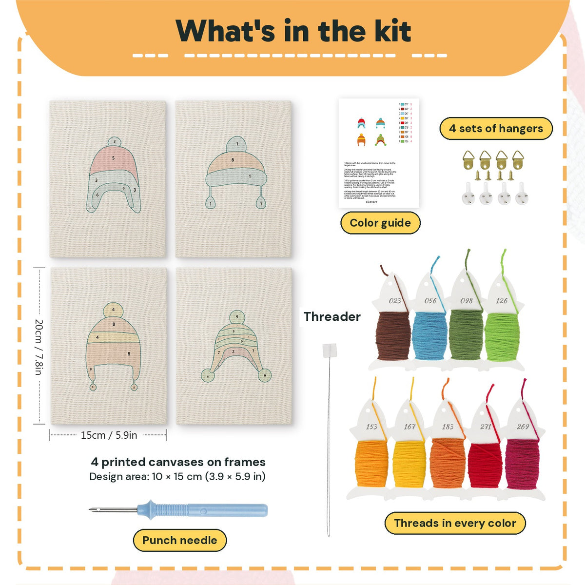 What is in the Earflap Winter Hats set: 4 printed canvases, punch needle, threader, threads, color guide and 4 sets of hangers (6 × 8 in (15 × 20 cm) each)