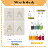 What is in the Earflap Winter Hats set: 4 printed canvases, punch needle, threader, threads, color guide and 4 sets of hangers (6 × 8 in (15 × 20 cm) each)
