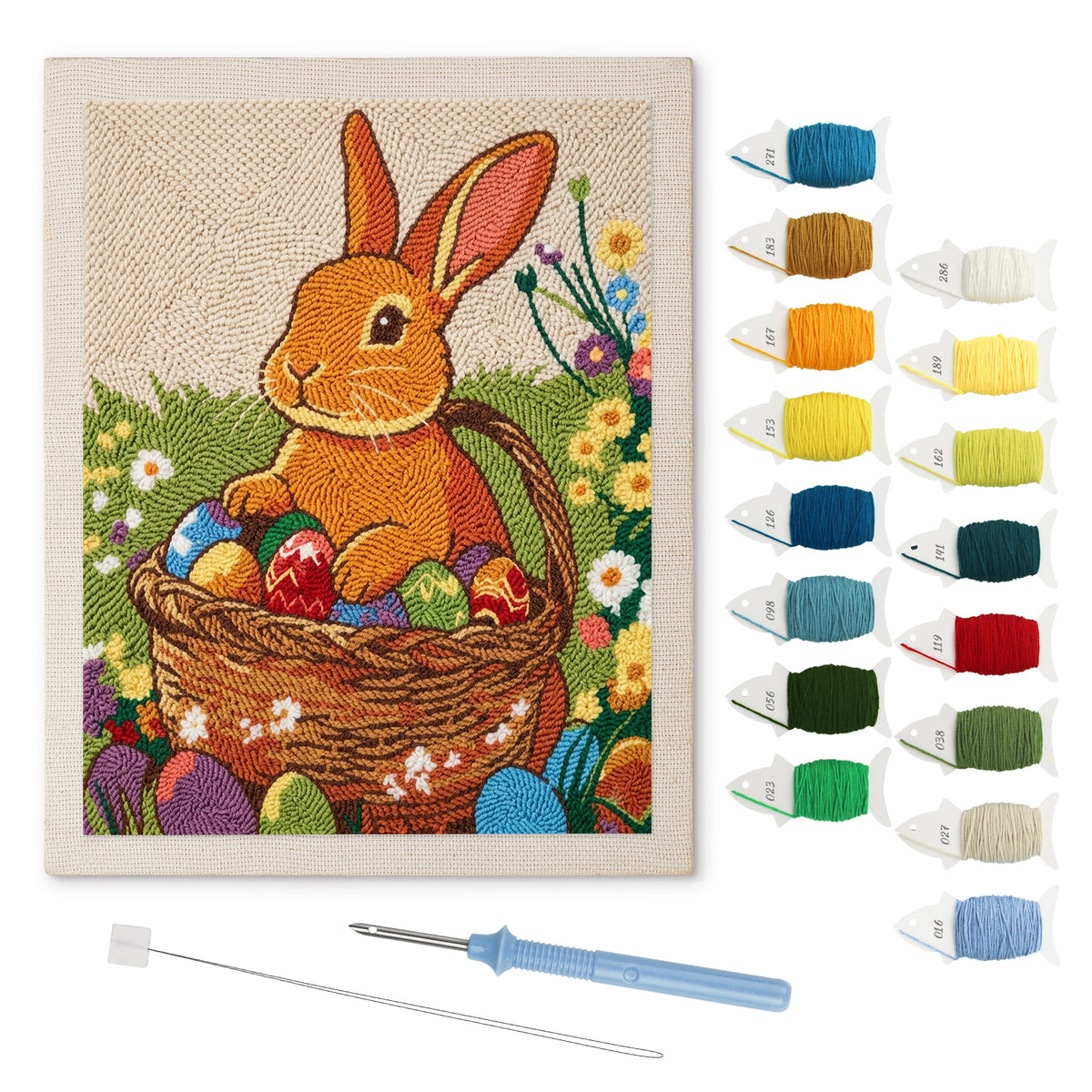 Easter Basket Bunny punch needle kit: finished canvas with threads, punch needle and threader