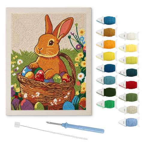 Easter Basket Bunny punch needle kit: finished canvas with threads, punch needle and threader