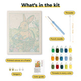 What is in the Easter Basket Bunny kit: printed canvas, punch needle, threader, threads, color guide and hangers