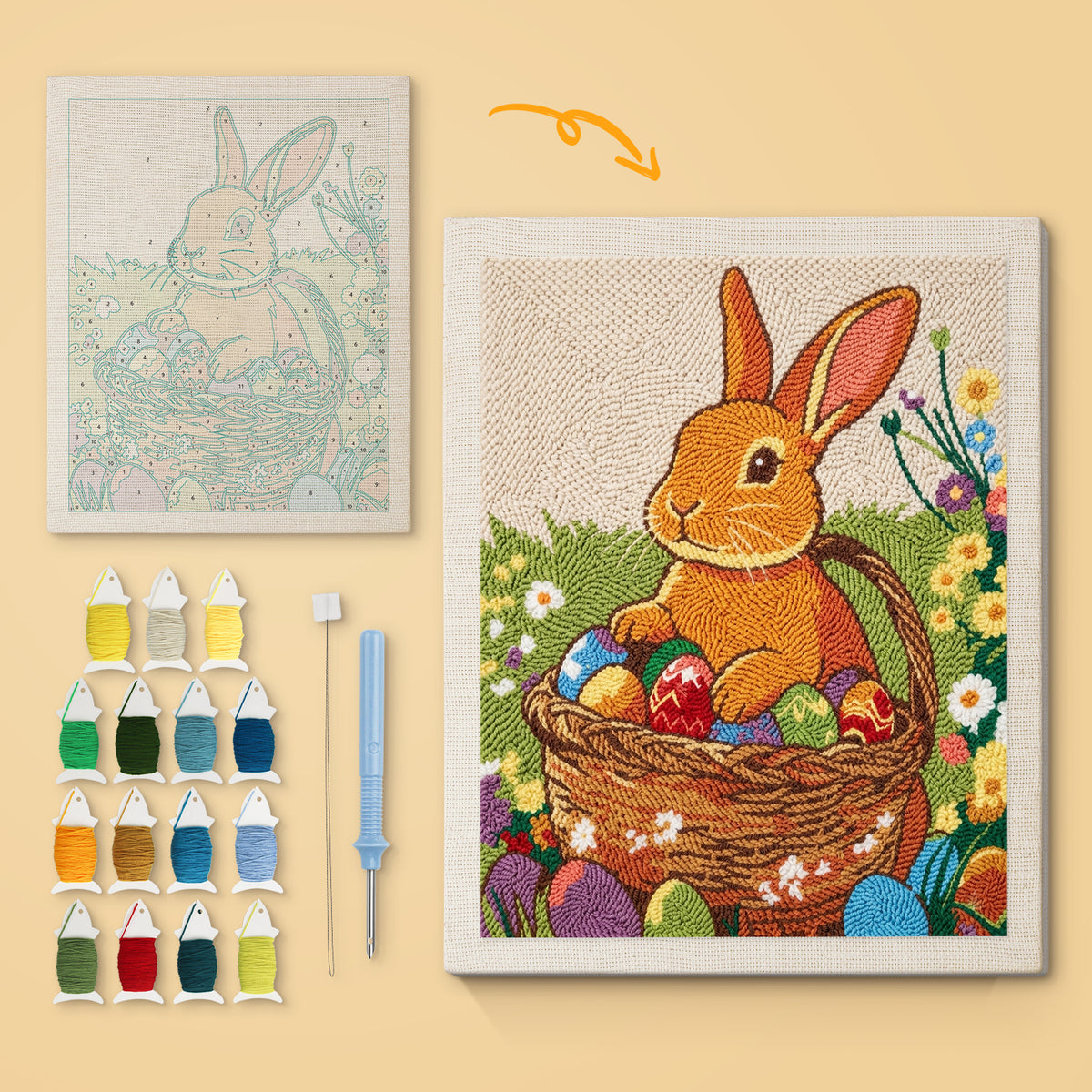 Easter Basket Bunny canvas before and after punching, with the threads and tools