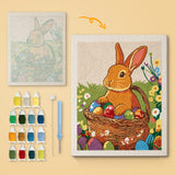 Easter Basket Bunny canvas before and after punching, with the threads and tools