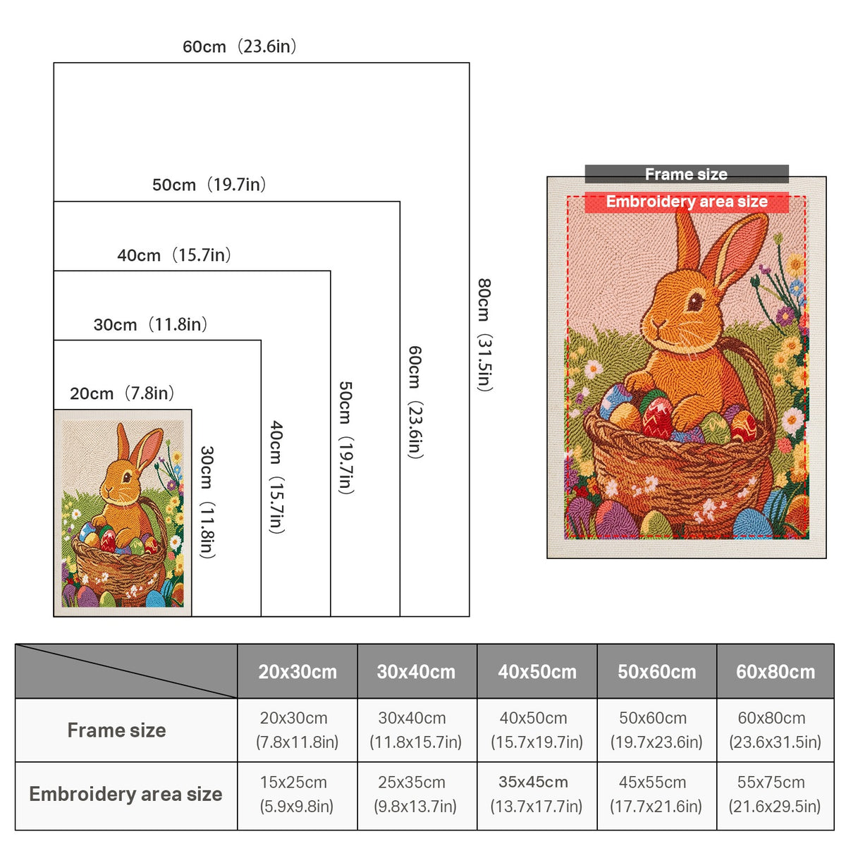 Size chart for punch needle kits from 20 x 30 cm to 60 x 80 cm