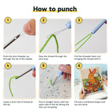 Six steps showing how to thread and use the punch needle