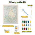What is in the Easter Chick Basket kit: printed canvas, punch needle, threader, threads, color guide and hangers