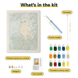 What is in the Easter Chick Basket kit: printed canvas, punch needle, threader, threads, color guide and hangers