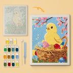 Easter Chick Basket canvas before and after punching, with the threads and tools