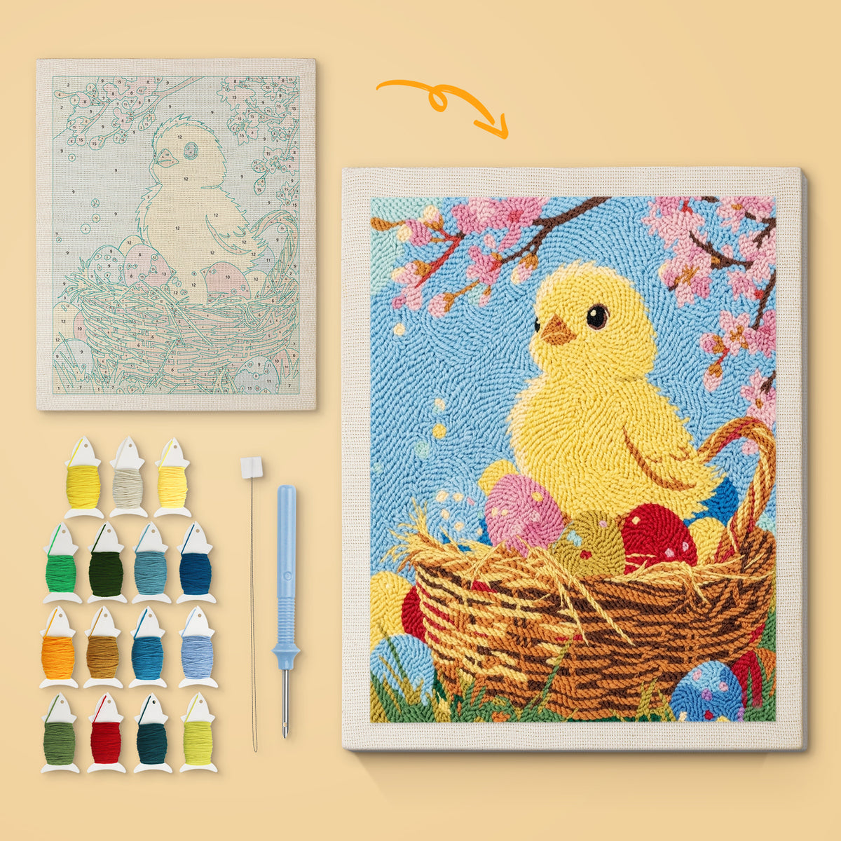 Easter Chick Basket canvas before and after punching, with the threads and tools