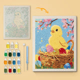 Easter Chick Basket canvas before and after punching, with the threads and tools