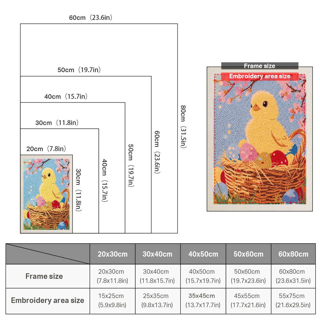 Size chart for punch needle kits from 20 x 30 cm to 60 x 80 cm