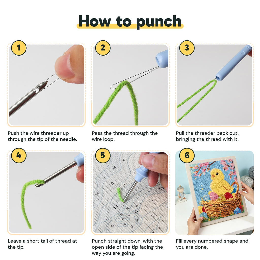 Six steps showing how to thread and use the punch needle