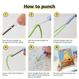 Six steps showing how to thread and use the punch needle