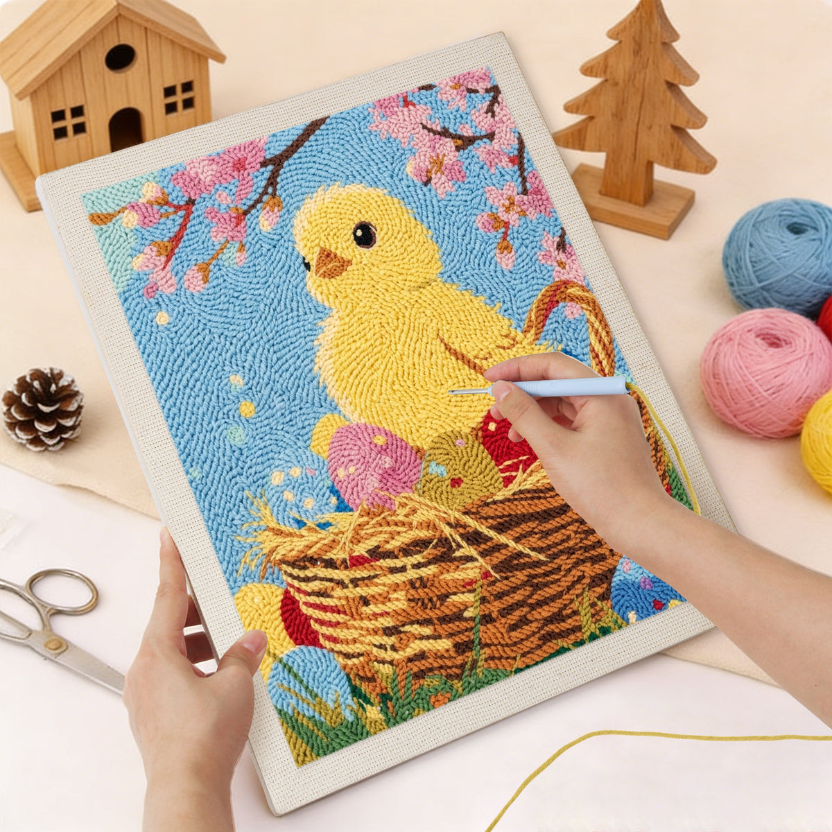 Punching the Easter Chick Basket design with the punch needle