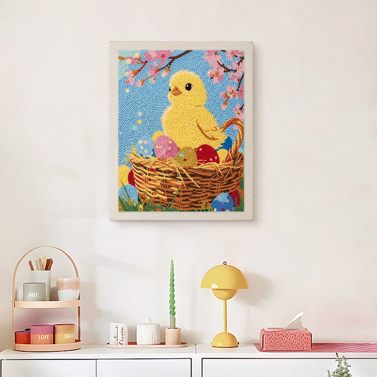 Finished Easter Chick Basket punch needle canvas on a wall