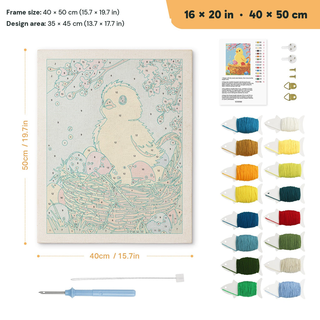 Easter Chick Basket punch needle kit, 16 × 20 in (40 × 50 cm): canvas size and kit contents