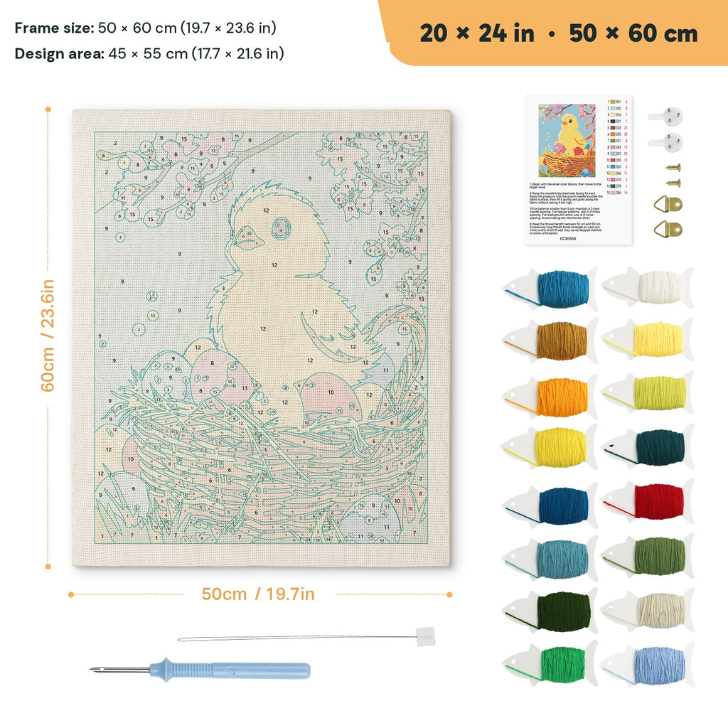 Easter Chick Basket punch needle kit, 20 × 24 in (50 × 60 cm): canvas size and kit contents