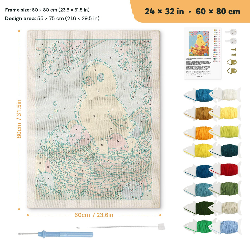 Easter Chick Basket punch needle kit, 24 × 32 in (60 × 80 cm): canvas size and kit contents