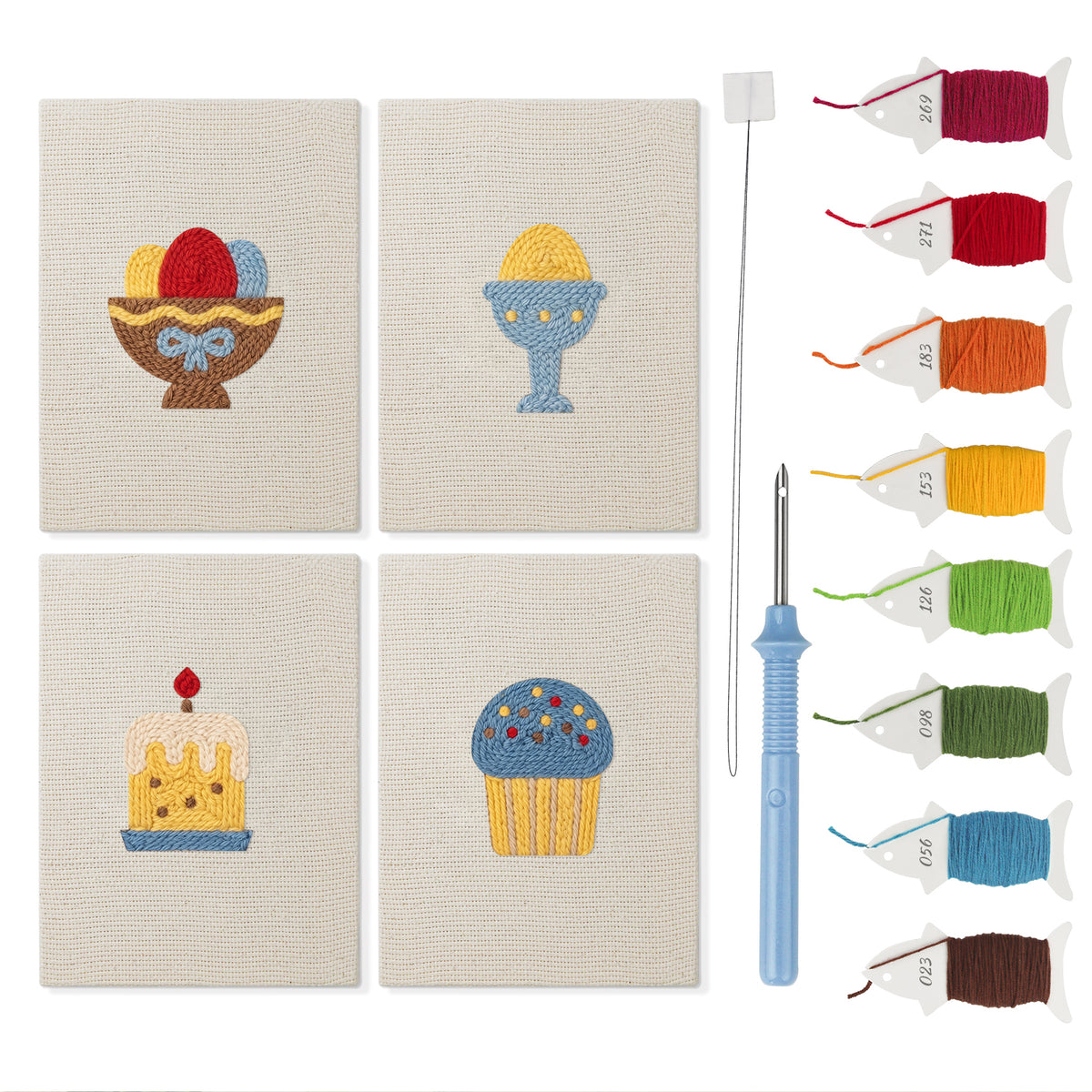 Easter Table Treats mini punch needle kit set: four finished canvases with threads, punch needle and threader