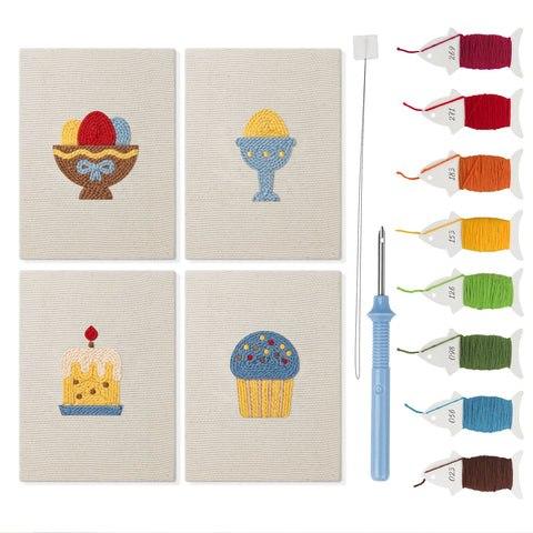 Easter Table Treats mini punch needle kit set: four finished canvases with threads, punch needle and threader