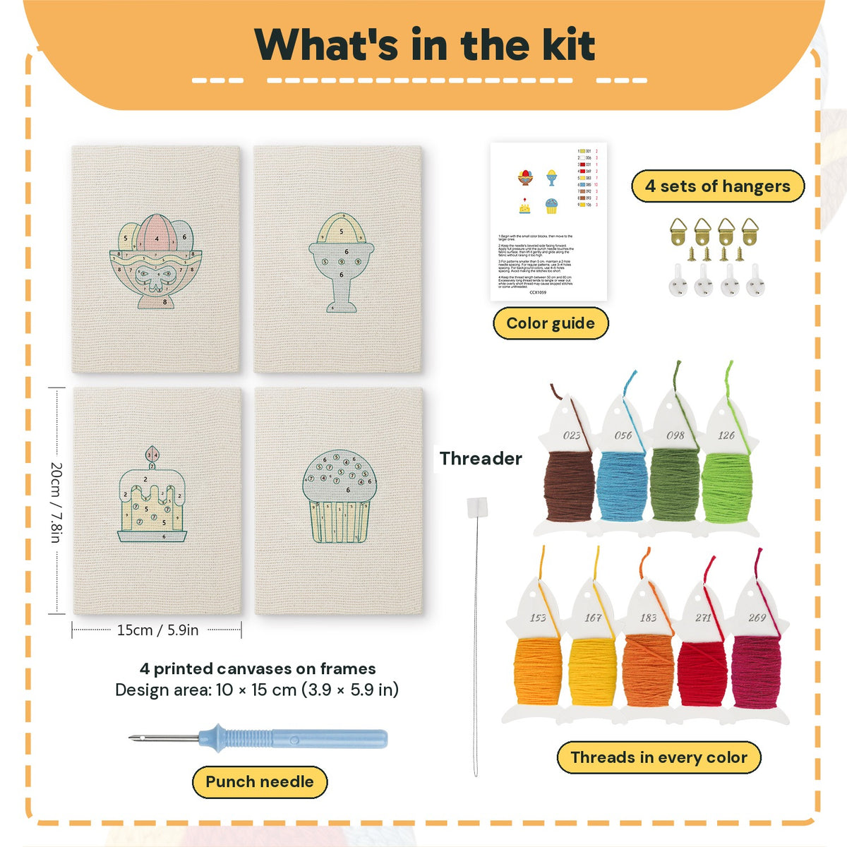What is in the Easter Table Treats set: 4 printed canvases, punch needle, threader, threads, color guide and 4 sets of hangers (6 × 8 in (15 × 20 cm) each)