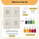 What is in the Easter Table Treats set: 4 printed canvases, punch needle, threader, threads, color guide and 4 sets of hangers (6 × 8 in (15 × 20 cm) each)