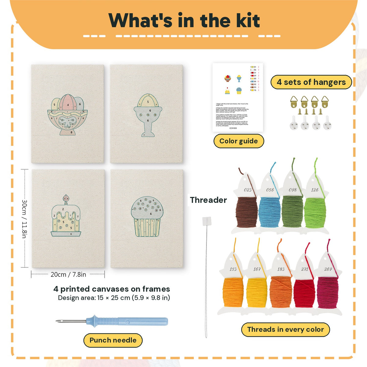 What is in the Easter Table Treats set, 8 × 12 in (20 × 30 cm) each: 4 printed canvases, punch needle, threader, threads, color guide and 4 sets of hangers