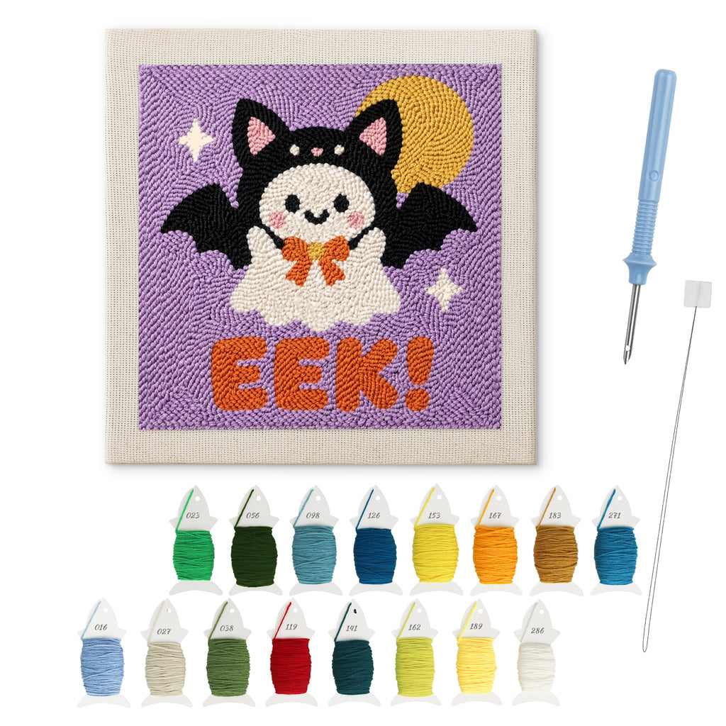 Eek Bat Ghost punch needle kit: finished canvas with threads, punch needle and threader