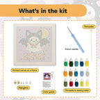 What is in the Eek Bat Ghost kit: printed canvas, punch needle, threader, threads, color guide and hangers